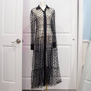 Zara Sheer Polka Dot Maxi Cover-Up – Mesh Button-Down Duster